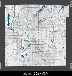 Carte d'Indianapolis. Carte détaillée du quartier administratif de la ville d'Indianapolis. Panorama urbain. Illustration vectorielle libre de droits. Carte avec highwa Illustration de Vecteur