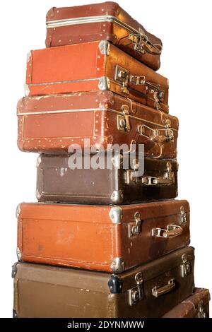 pile de vieilles valises rétro isolées sur fond blanc Banque D'Images