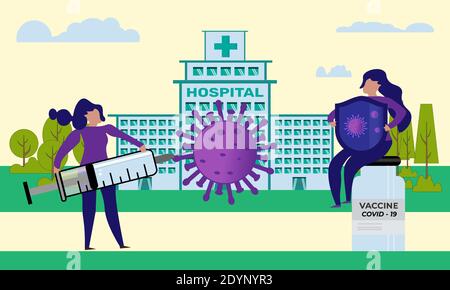 Vaccin coronavirus concept.infirmière luttant avec le vaccin et la seringue contre le virus covid-19 à l'hôpital.Illustration du vecteur de santé médicale. Illustration de Vecteur