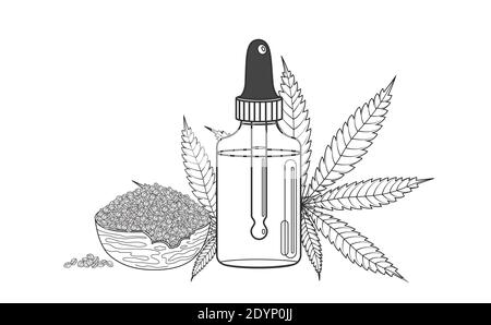 Bouteille d'huile de graines de chanvre avec de la marijuana ou de la feuille de cannabis, graines dans un bol. Illustration vectorielle en style d'esquisse avec ligne dessinée à la main sur fond blanc Illustration de Vecteur