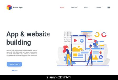 Développement de site Web de logiciel, Internet mobile application de construction processus de page d'arrivée conception, dessin animé plat web designer personnes construire tableau de bord filaire application, programmation, codage illustration de vecteur Illustration de Vecteur