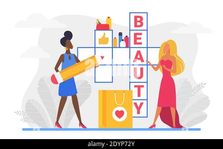 Illustration vectorielle de mot-croisé de beauté. Caricature belle femme personnages dans des robes debout à côté de mots croisés puzzle avec mot de beauté, la mode accessoires cosmétiques, articles de maquillage isolés sur blanc Illustration de Vecteur