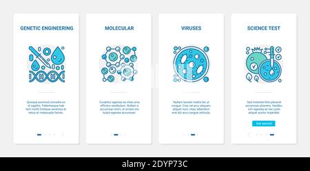 Microbiologie, illustration du vecteur de génie génétique. UX, UI Onboarding mobile application page écran scientifique set avec la science de ligne expérience de test de recherche de virus, virologie et la recherche moléculaire Illustration de Vecteur