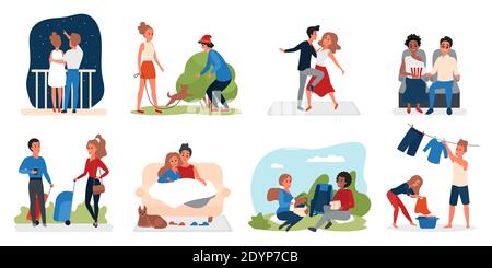 Ensemble d'illustrations vectorielles d'activités pour couple. Caricature active homme femme amant personnages marchant avec chien de compagnie dansant datant voyager ensemble, amour et relation isolée sur blanc Illustration de Vecteur