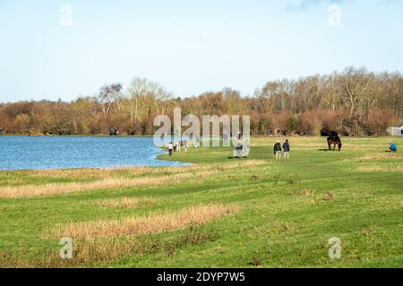 Oxford, Oxfordshire, Royaume-Uni. 27 décembre 2020. Les résidents d'Oxford marchent à Port Meadow pour explorer les eaux montantes. Inondations dans le Oxfordshire. La tempête Bella a apporté encore plus de pluie à Oxford, causant des inondations dans les zones de basse altitude. Beaucoup de gens font de l'exercice au soleil. Credit: Sidney Bruere/Alay Live News Banque D'Images