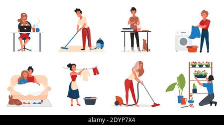 Jeu d'illustrations vectorielles d'activité personnelle. Caricature active jeunes couples personnages dans la vie de tous les jours, travailler avec un ordinateur portable, cuisiner, nettoyer la maison avec un aspirateur isolé sur blanc Illustration de Vecteur