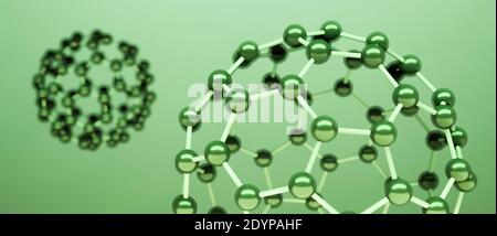 Modèles de molécule de fullerène, allotrope d'atomes de carbone, sphères rondes avec anneaux hexagonaux ou maillage, chimie d'illustration moléculaire 3D ou scientifique Banque D'Images