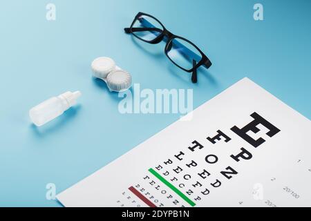 Lunettes avec lentilles de contact, gouttes et carte de test oculaire optométriste sur fond bleu. La vue de dessus. Espace libre Banque D'Images