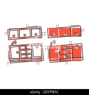 Icône de meubles de cuisine dans le style comique. Illustration vectorielle de cuisine sur fond blanc isolé. Concept d'affaires effet éclaboussures dans la salle de cuisine. Illustration de Vecteur