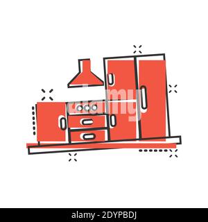 Icône de meubles de cuisine dans le style comique. Illustration vectorielle de cuisine sur fond blanc isolé. Concept d'affaires effet éclaboussures dans la salle de cuisine. Illustration de Vecteur