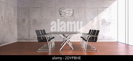 Salle de conférence moderne et lumineuse avec une grande table en verre et dix chaises de bureau, de hautes fenêtres, deux lampes modernes et une salle en béton vierge Banque D'Images