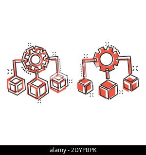 Icône de technologie API dans le style comique. Illustration vectorielle de l'algorithme sur fond blanc isolé. Engrenage avec flèche effet destruction concept commercial Illustration de Vecteur