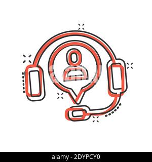 Icône du service d'assistance en style comique. Illustration vectorielle de casque sur fond blanc isolé. Le concept commercial effet de destruction de l'opérateur de discussion. Illustration de Vecteur