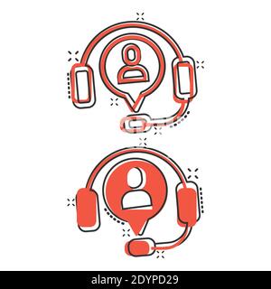 Icône du service d'assistance en style comique. Illustration vectorielle de casque sur fond blanc isolé. Le concept commercial effet de destruction de l'opérateur de discussion. Illustration de Vecteur