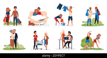 Jeu d'illustrations vectorielles d'activité pour couple. Caricature active homme femme jeune et vieux amant personnages shopping marche kising randonnée faire du sport ensemble, amour et relation isolé sur blanc Illustration de Vecteur