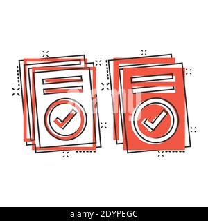 Icône de document approuvé dans le style comique. Autoriser l'illustration vectorielle sur un arrière-plan blanc isolé. Cochez la case effet de destruction des activités Illustration de Vecteur