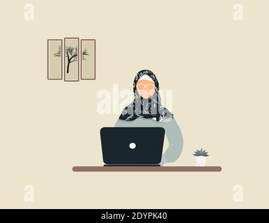 Beau travail pédagogique de femme musulmane sur ordinateur portable.travail à distance, apprentissage à distance ou formation en ligne pendant l'épidémie de virus.entraîneur ou entraîneur lady Illustration de Vecteur