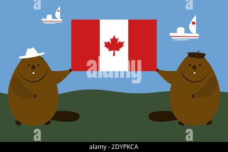 Journée du drapeau national du Canada. Castors détenant un drapeau du Canada. Illustration vectorielle. Illustration de Vecteur