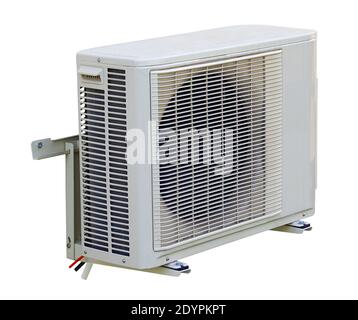 Unité externe d'air conditionné réversible. Arrière-plan blanc. Banque D'Images