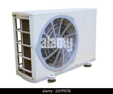 Unité externe d'air conditionné réversible. Arrière-plan blanc. Banque D'Images