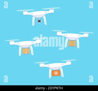 Drone pour l'alimentation en air. Illustration du concept des technologies modernes. Qquadricopter avec boîtier. Livraison de colis, de nourriture, de médicaments par drone. Vecteur il Illustration de Vecteur