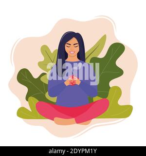 Une jeune femme est assise dans une posture de Lotus et tient une tasse de boisson chaude dans ses mains. Concept de repos et de détente. Bonne mignonne de repos fille. Vecteur isolé Illustration de Vecteur