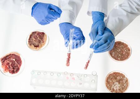 Vue d'ensemble des mains gantées de deux travailleurs de la qualité alimentaire contrôler les flacons contenant de petits échantillons de viande végétale brute sur le bureau dans le laboratoire Banque D'Images