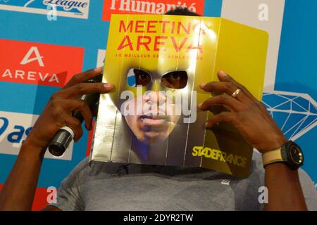 L'athlète jamaïcain Ubain Bolt lors d'une conférence de presse présentant la rencontre AREVA Athletics à Paris, France, le 2 juillet 2013. Le record mondial de sprinter Bolt sera disputé lors de la rencontre d'athlétisme de la Diamond League le 6 juillet au stade de France, à Saint-Denis, en dehors de Paris. Photo de Henri Szwarc/ABACAPRESS.COM Banque D'Images