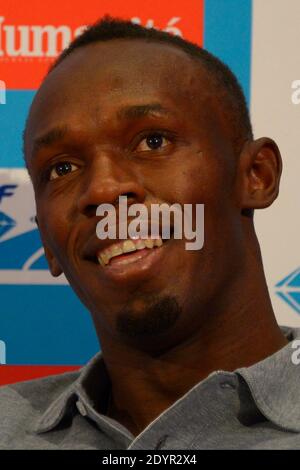 L'athlète jamaïcain Ubain Bolt lors d'une conférence de presse présentant la rencontre AREVA Athletics à Paris, France, le 2 juillet 2013. Le record mondial de sprinter Bolt sera disputé lors de la rencontre d'athlétisme de la Diamond League le 6 juillet au stade de France, à Saint-Denis, en dehors de Paris. Photo de Henri Szwarc/ABACAPRESS.COM Banque D'Images