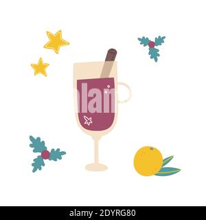 Vin chaud avec verre et ingrédients Illustration de Vecteur