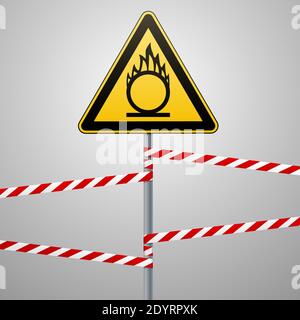 Attention oxydant. Autocollant de sécurité. Sécurité au travail. Triangle jaune avec image noire, pied métallique, bandes de protection rouges. Arrière-plan gris. Vecteur Illustration de Vecteur