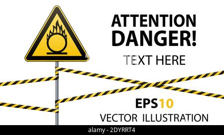 Attention oxydant. Autocollant de sécurité. Sécurité au travail. Triangle jaune avec image noire, pied métallique, bandes de protection. Objet isolé. Arrière-plan blanc Illustration de Vecteur