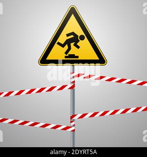 Attention, obstacle faible. Autocollant de sécurité. Triangle jaune avec image noire sur le poteau et rubans de protection. Arrière-plan gris. Vecteur Illustration de Vecteur