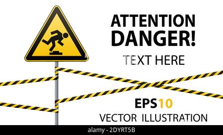 Attention, obstacle faible. Avertissement de sécurité. L'attention est dangereuse. Triangle jaune avec image noire. Panneau sur le poteau et la protection Illustration de Vecteur