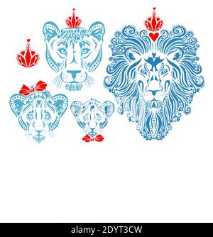 Famille de lions visages stylisés. Imprimés pour t-shirts. Style familial. Illustration vectorielle Illustration de Vecteur