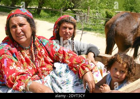 Gitans (Romani, Rroma) voyageant dans un chariot en Roumanie Banque D'Images