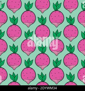 Petit radis rose, motif sans couture sur fond vert. Illustration de Vecteur