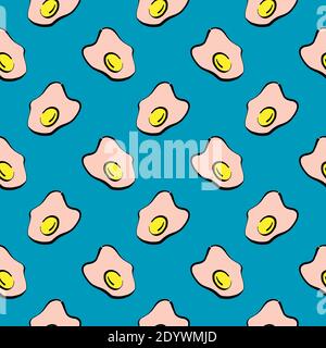 Œufs brouillés, motif sans couture sur fond bleu. Illustration de Vecteur