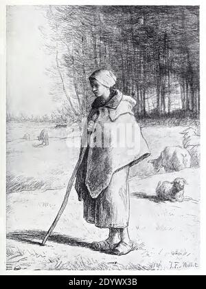 Imprimé antique vintage intitulé le Shepherdess par Jean François Millet. Banque D'Images