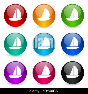 Icônes de vecteur de yacht, ensemble de boutons colorés de rendu 3d brillant dans 9 options de couleur Illustration de Vecteur