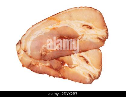 Tranches de bacon assaisonnées brutes isolées sur fond blanc Banque D'Images