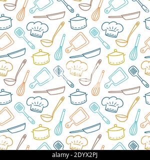 Motif sans couture dessiné à la main sur le thème du chef, de la cuisine et de la cuisine. Illustration vectorielle en style doodle Illustration de Vecteur