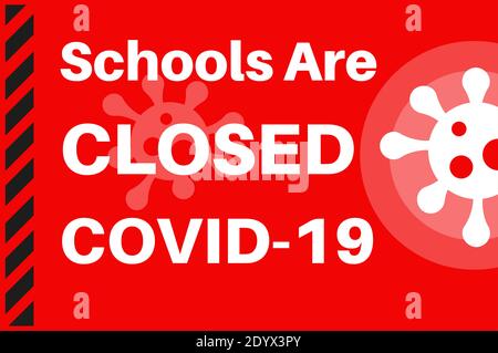 Écoles fermées Covid-19 - Illustration vectorielle avec logo du virus sur fond rouge. Illustration de Vecteur
