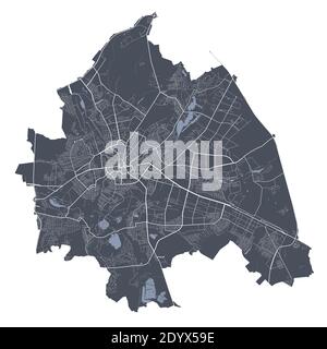 Carte de Kharkiv. Carte vectorielle détaillée de la zone administrative de la ville de Kharkiv. Vue sur l'aria métropolitain avec affiche CityScape. Terre sombre avec des rues blanches, des routes et Illustration de Vecteur