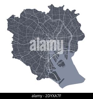 Carte de Tokyo. Carte vectorielle détaillée de la zone administrative de la ville de Tokyo. Vue sur l'aria métropolitain avec affiche CityScape. Terre sombre avec rues blanches, routes et ave Illustration de Vecteur