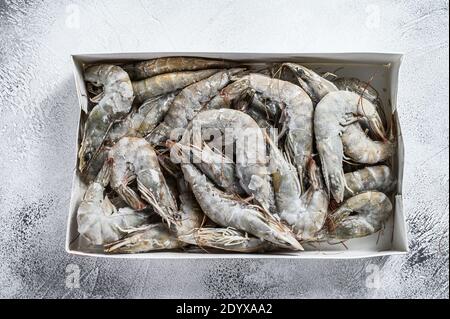 Crevettes géantes, crevettes dans un pack de vente au détail. Arrière-plan blanc. Vue de dessus Banque D'Images