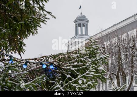 Branche d'épicéa décorée sur le fond du concept de bâtiment : Bonne Année. Photo de haute qualité Banque D'Images