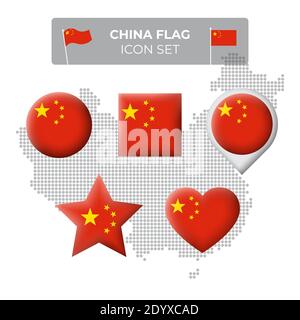 Icônes de drapeau de Chine en forme de carré, coeur, cercle, étoiles et pointeur, marqueur de carte. Carte mosaïque de la chine. Drapeau chinois. Symbole vectoriel, icône, mais Illustration de Vecteur