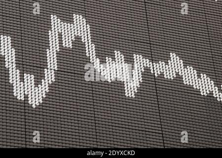 28 décembre 2020, Hessen, Francfort-sur-le-main: La courbe de l'indice d'actions allemand (DAX) dans la salle de négociation de la bourse de Francfort. Le DAX a atteint lundi le niveau le plus élevé de son histoire. Photo : Boris Roessler/dpa Banque D'Images