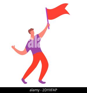 Un homme avec un drapeau rouge. Leadership, concept de protestation. Guy agitant le drapeau isolé sur fond blanc. Illustration de Vecteur